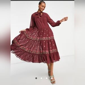 NWOT ASOS DESIGN all over embroidered high neck tiered maxi dress in oxb…